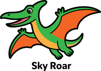 Cute Flying Pterodactyl Dinosaur Cartoon Illustration with Wings Spread for Kids Adventure and Prehistoric Theme Design © MdAbdullahAl