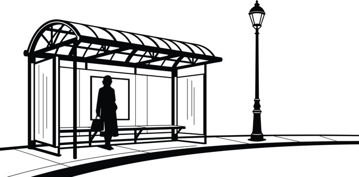Bus stop shelter vector illustration with bench, person, and street lamp