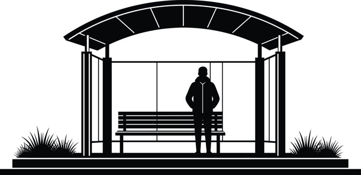Bus stop shelter silhouette with standing person and bench