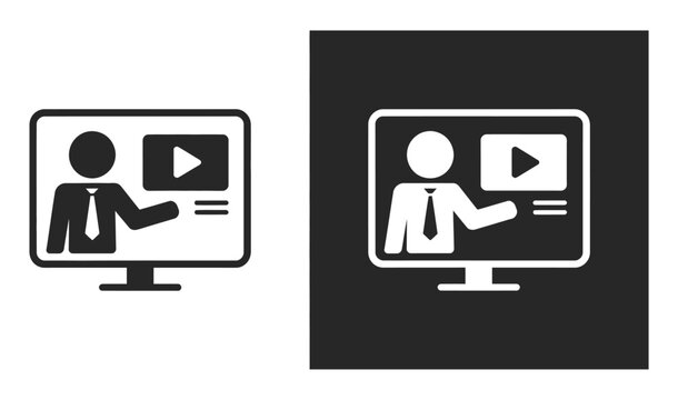 laptop screen vector icon showing presenter and video player, online learning and webinar concept, e-learning and virtual training symbol, clean modern UI illustration.