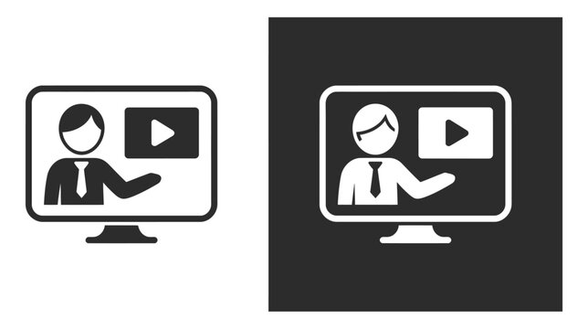 webinar and online education icon set, laptop with video player and presenter screen, remote learning and digital training concept, simple flat vector design.