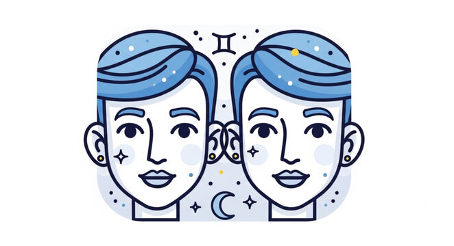 Gemini zodiac sign illustration with twin faces and celestial elements.