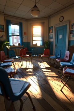 Empty classroom chairs arranged in a circle with worksheets and sunlight on wood floor