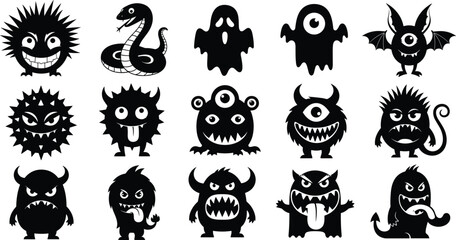 Cartoon monster silhouette set featuring spooky creatures with eyes, teeth, horns, wings, and tails in playful black vector design © MD AMINUR