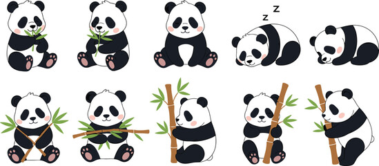 Cartoon panda collection, cute animal vector set with bamboo, wildlife illustration graphics, playful design elements, decorative black and white icons © MD AMINUR
