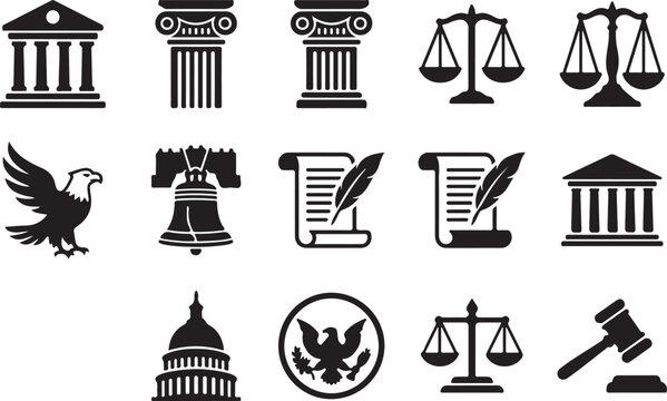 Law and justice legal system icons set with judgment attorney government constitution parchment