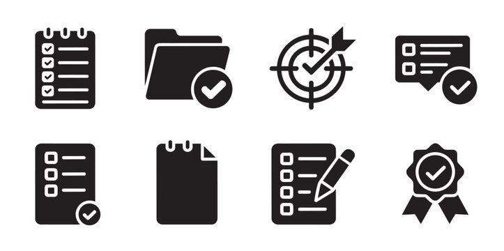 Set of eight black and white icons representing task management, checklists, and achievement awards