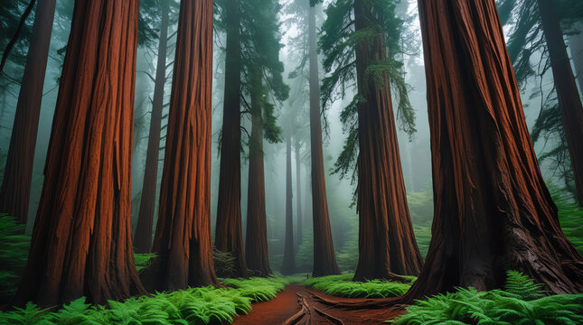 Giant Redwood Forest Path: A tranquil path winds through a majestic grove of ancient giant redwood trees, with lush green ferns carpeting the forest floor under a misty, atmospheric canopy.