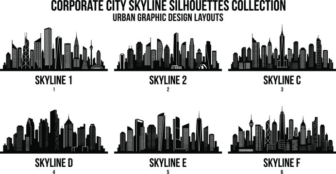 Corporate city skyline silhouettes collection with urban graphic design layouts featuring black skyscraper horizons modern metropolis office buildings and downtown landscapes vector