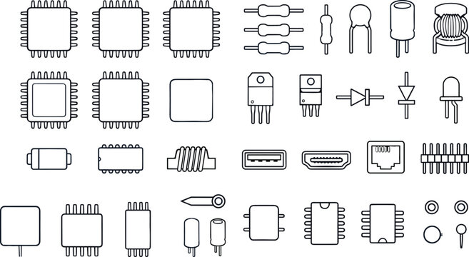 Electronic components line icons set vector illustration featuring microchip integrated circuit resistor capacitor transistor diode inductor and hardware engineering symbols collection