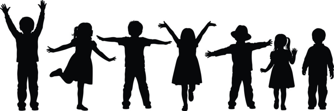 Children silhouette vector illustration set with playful motifs, dancing figures, youthful icons, posture silhouettes and design art -flat vector illustration