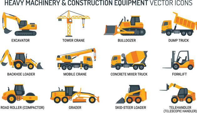 Heavy machinery and construction equipment vector icons set with excavator tower crane bulldozer dump truck backhoe mobile crane forklift road roller grader