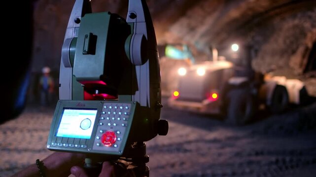 Surveying instrument inside a tunnel construction site measures underground alignment while heavy machinery works in the background, showing engineering control, excavation progress and infrastructure