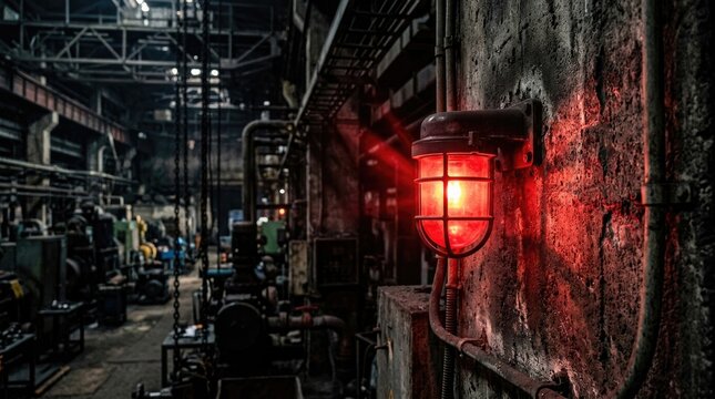 Industrial Factory Interior with Red Warning Light.