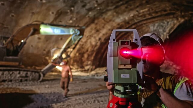 Surveyors use a total station inside an active tunnel excavation, documenting underground alignment, engineering control, heavy equipment operations and infrastructure construction in a dark work zone