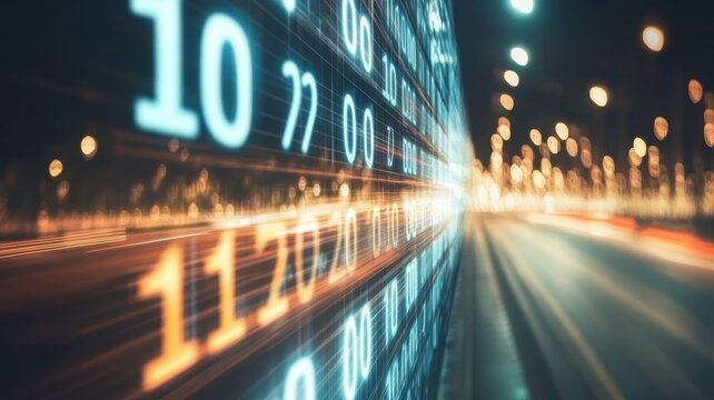 Abstract digital data flow with glowing binary code overlaying blurred night city highway traffic motion light background.
