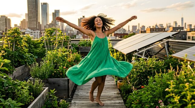 Joyful woman in green dress dancing on a sustainable rooftop garden with solar panels and city skyline at sunset.