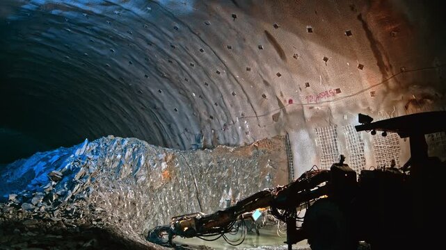 Heavy tunnel machinery works inside an underground excavation area with rock debris and shotcrete lining, showing infrastructure construction, rock support, engineering progress and subsurface work.