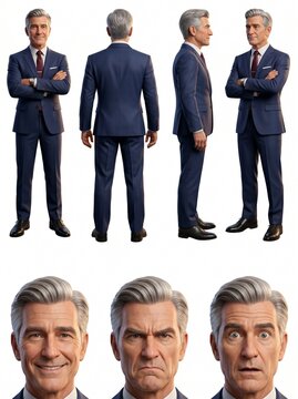Senior Male Executive 3D Character Sheet Front Back Side Three Quarter Views Face Expressions Happy Angry Surprised

