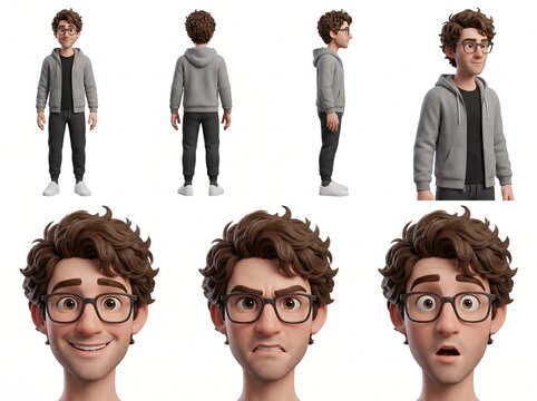 Remote Software Developer 3D Character Sheet Front Back Side Three Quarter Views Face Expressions Happy Angry Surprised


