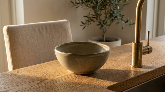 Modern Kitchen Sink with Wooden Countertop and Olive Tree
