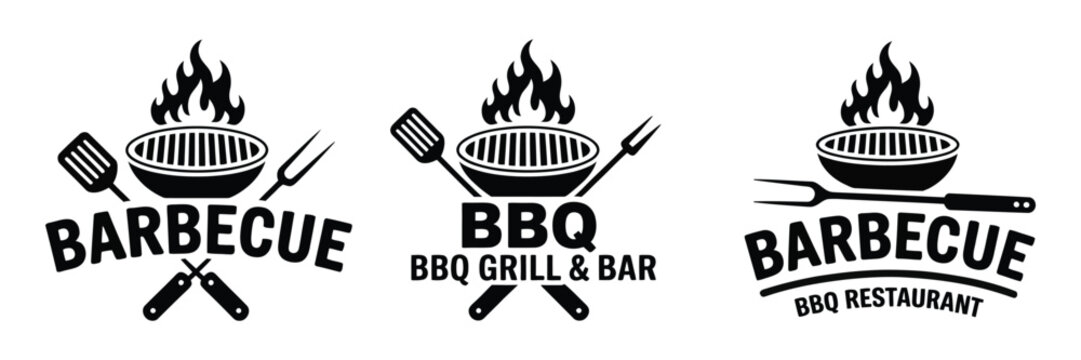 BBQ logo set, barbecue grill icons, fire flame meat symbols, restaurant branding labels, vector illustration design.