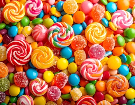 Colorful candy assortment fills the frame.  A vibrant mix of lollipops, hard candies, and gummy candies in a rainbow of hues.  Sweet treats close-up