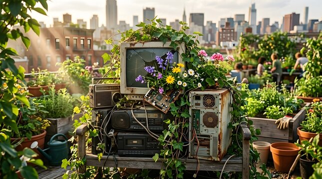 Old computer monitor and tower repurposed as flower planters in a lush rooftop garden with city skyline background.