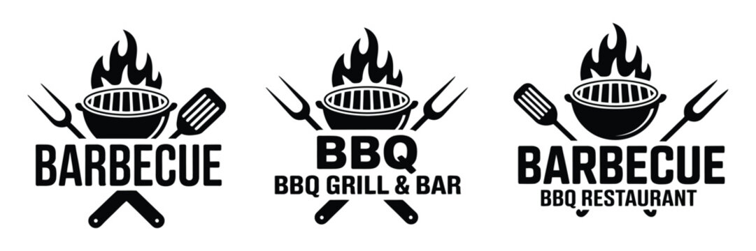 BBQ logo set, barbecue grill icons, fire flame meat symbols, restaurant branding labels, vector illustration design.