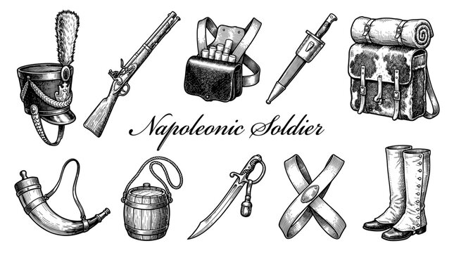 Vintage Napoleonic Soldier Equipment and Uniform Set, Hand Drawn Engraving Illustration including Musket, Shako, and Saber