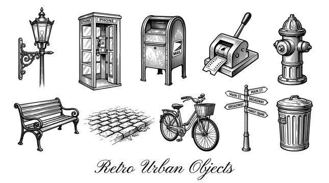 Retro Urban Objects Collection in Engraved Woodcut Style, Vintage City Street Elements Vector Set including Phone Booth, Mailbox, Fire Hydrant, Bicycle, Bench and Antique Lantern Illustration