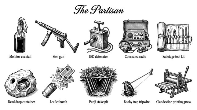 Vintage Engraving Style Partisan Resistance Equipment Set Featuring Weapons Sabotage Tools and Clandestine Devices