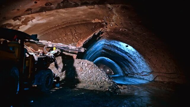 Heavy tunnel machinery works inside an underground excavation area with rock debris and shotcrete lining, showing infrastructure construction, rock support, engineering progress and subsurface work.