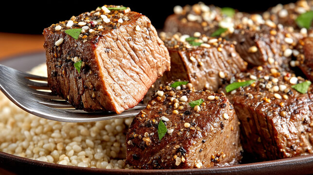 Seared beef cubes with sesame seeds and fresh herbs delicious culinary restaurant