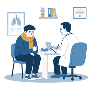 Male doctor consulting with sick patient wearing scarf in clinic