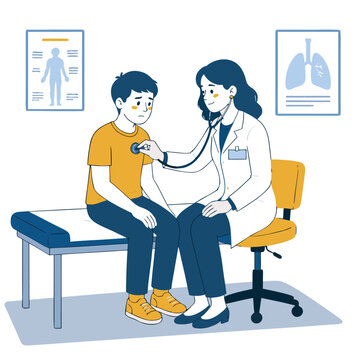 Female doctor listening to boy's lungs with stethoscope during medical checkup