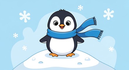 Naklejka premium Cute blue penguin standing on ice floe with snowflakes.
