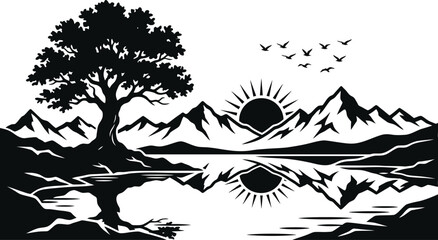 Fototapeta premium Black and white tree with mountains and sunset reflection in calm water