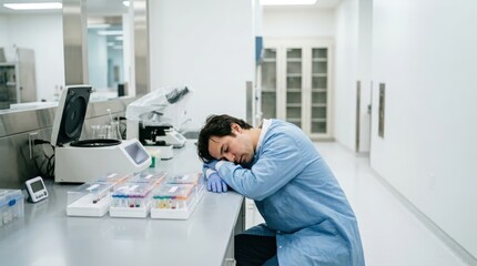 Obraz premium Tired laboratory technician sleeping at workbench in clinical lab