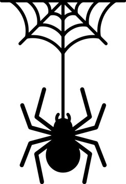 Black spider hanging on web, scary Halloween symbol, spooky dark creature illustration, creepy arachnid design.