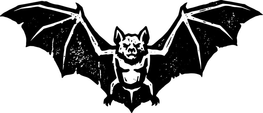 Black bat with outstretched wings, grunge distressed style, vintage horror symbol, nocturnal creature illustration.