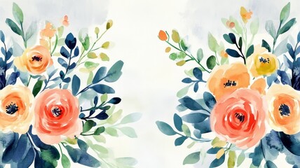Fototapeta premium Elegant watercolor floral border with peach and yellow roses and blue foliage illustration for wedding invitation stationery design.