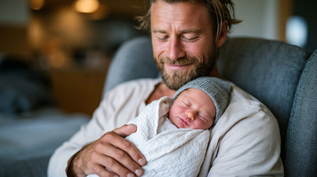 A new father sitting in an armchair holding his newborn baby for the first time, face completely overtaken by awe and tenderness looking down at the tiny sleeping infant in his lar