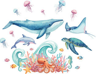 Fototapeta premium Watercolor Sea Creatures Collection Aquatic Animals Vector Pack