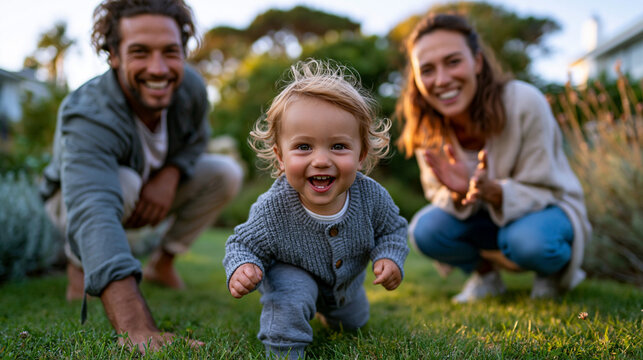 Both parents crouching at opposite ends of a garden lawn a few feet apart, a toddler of about fourteen months taking joyful wobbly steps between them, the child halfway between fat