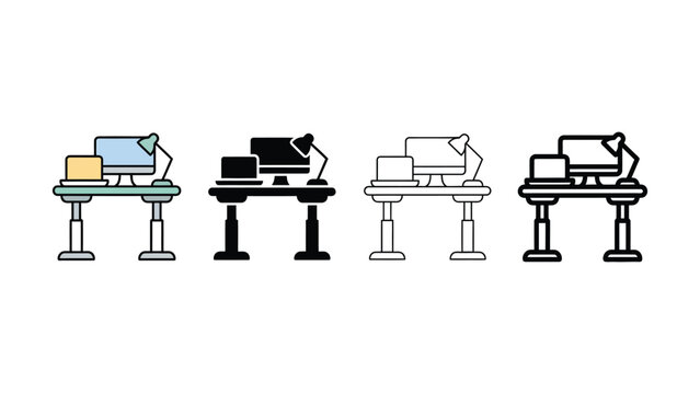 Four desks with computer monitors and lamps on white background