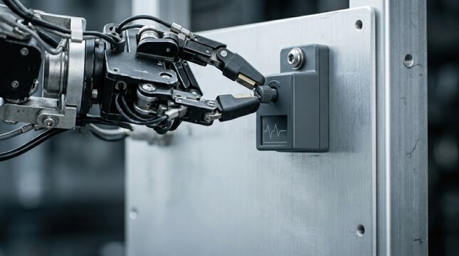 Robotic hand adjusting control knob on industrial equipment