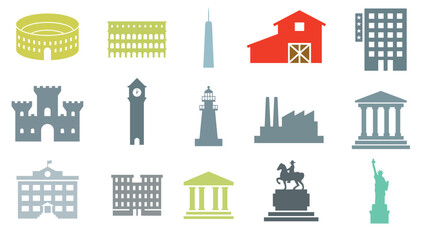 Fototapeta premium Collection of Diverse Flat Design Building and Landmark Icons.