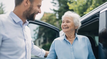 Naklejka na ściany i meble Younger man helping smiling elderly woman out of car, showing care and generations connecting