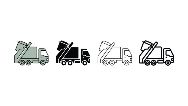 Four different colored garbage truck icons in a row on white background